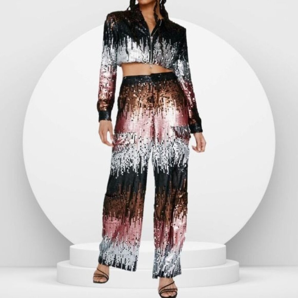 Nasty Gal Ombre Sequin Crop Jacket and Cargo Pants 2 Piece Tracksuit M/L NWT